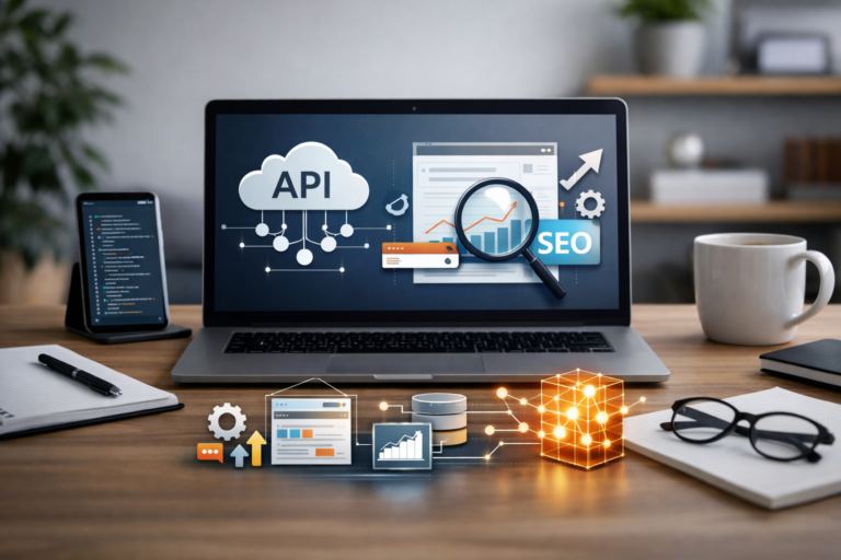 En bærbar computer viser API og SEO med grafer, kode og søgeikon, mens et forstørrelsesglas peger på data og automatisering på skrivebordet.