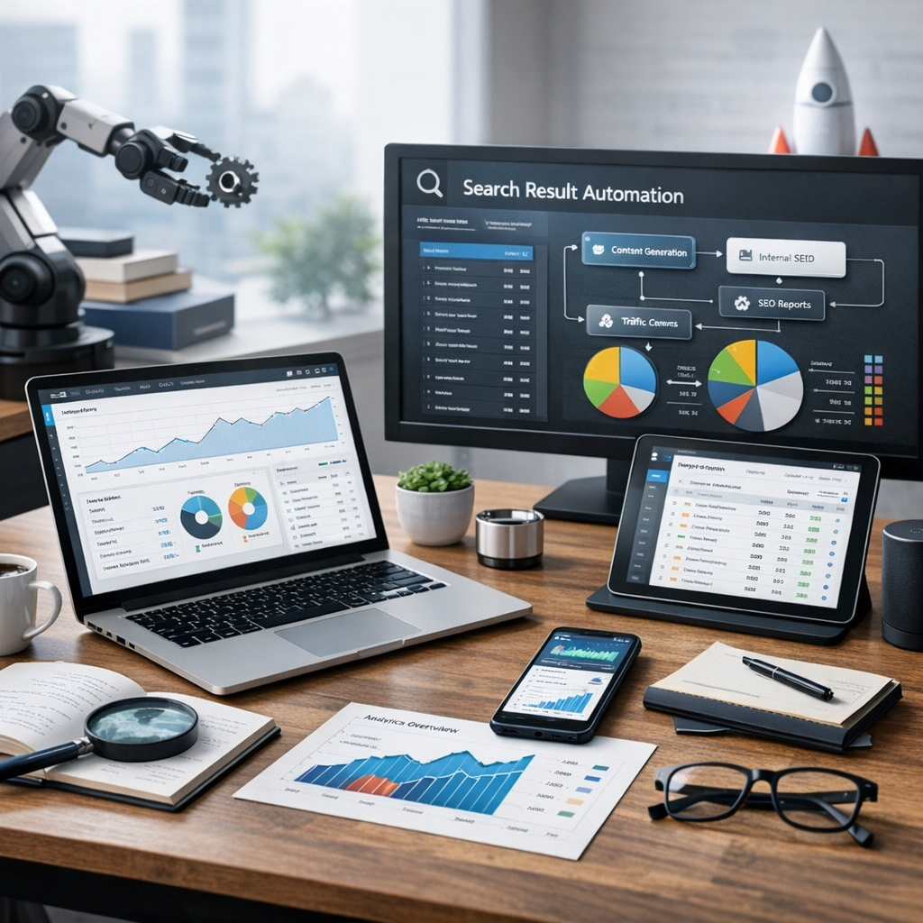 Et arbejdsbord med laptop, tablet og skærm viser Search Result Automation, content generation, SEO reports og farvede grafer ved en robotarm.