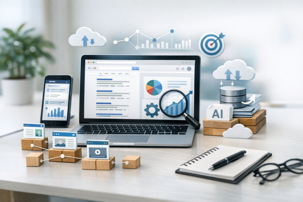 En laptop viser analyser, søjlediagrammer og søgeflader, mens en mobil, cloud-ikoner, AI-klodser og en target markerer automatiseret SEO og skalering.