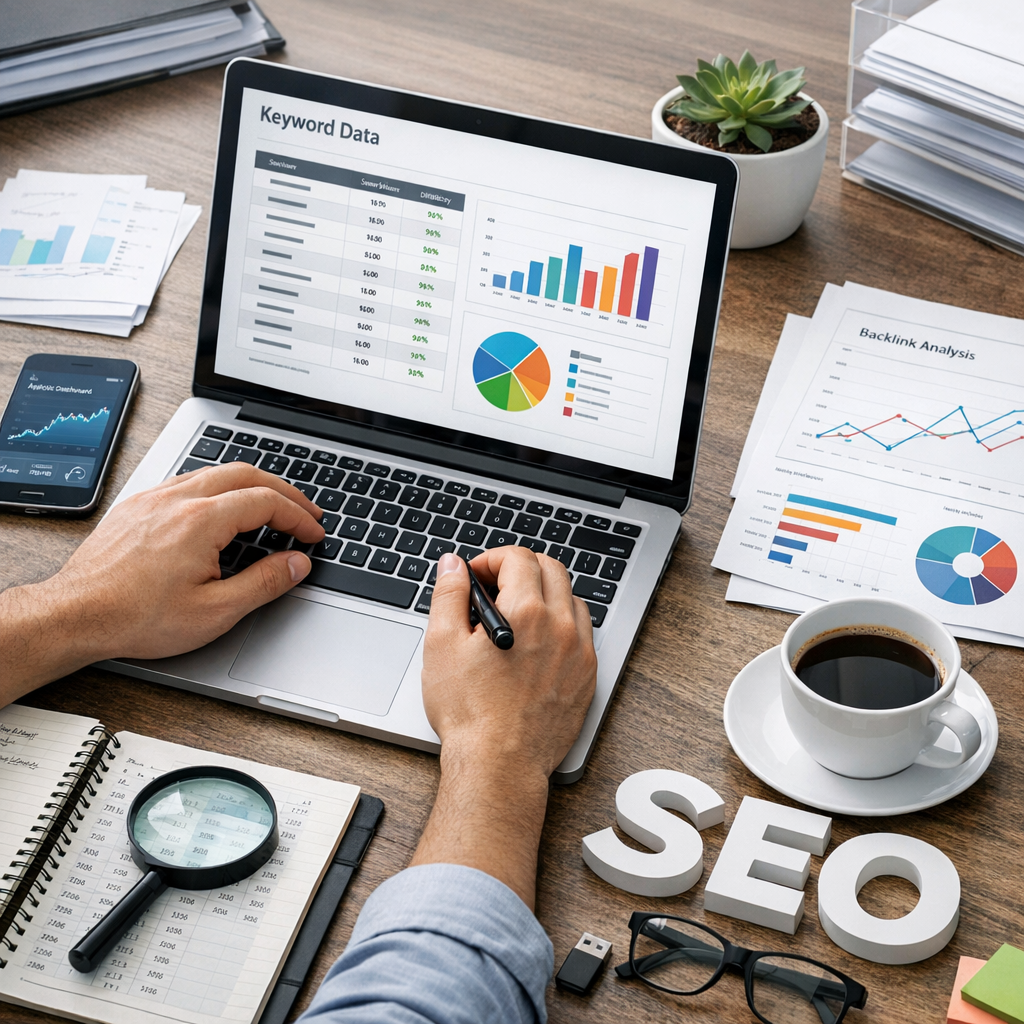 Et par hænder arbejder ved en bærbar computer med Keyword Data og Backlink Analysis, mens grafer, noter og SEO-udstyr ligger på bordet.