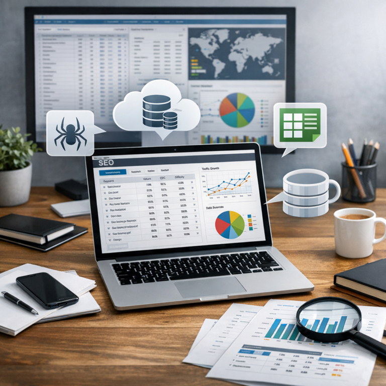 På et skrivebord viser en laptop SEO-dashboards, grafer og datakildeikoner med database, regneark og søgning i fokus til programmatic SEO i et kontor.