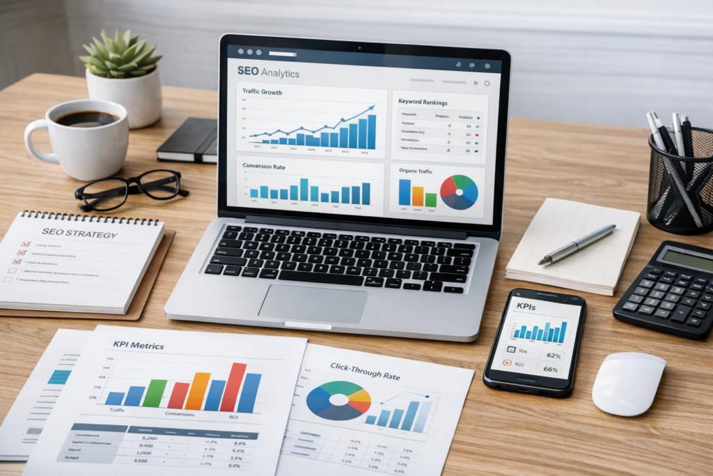 Et sølvfarvet laptop viser SEO Analytics med trafikvækst, keyword rankings og KPI-målinger ved et skrivebord med noter og regnemaskine.