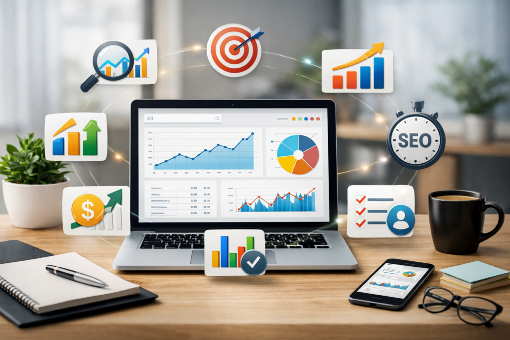 En bærbar computer viser SEO-dashboards med grafer, pie chart og KPI-tal, omgivet af vækstikoner, målskive og et ur med SEO.