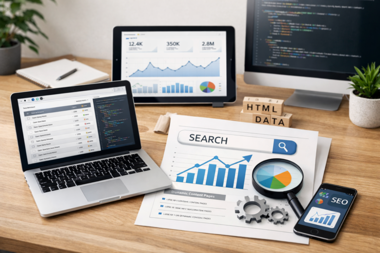 Et digitalt arbejdsbord med laptop, tablet og skærm viser søgedata, kode, grafer og en mobil med SEO-ikon på siden.