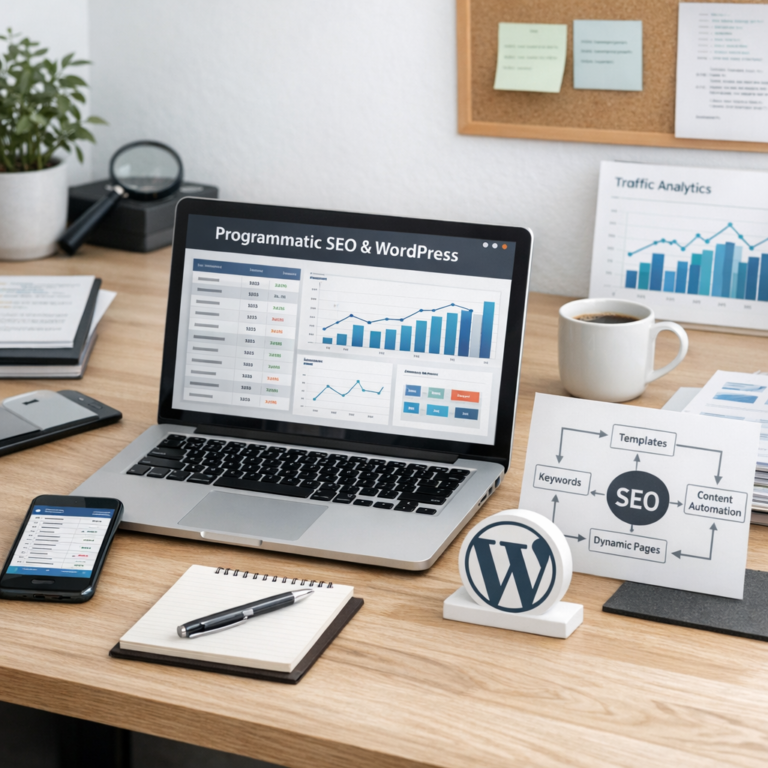 På et lyst træbord står en laptop med teksten Programmatic SEO & WordPress, omgivet af grafer, notesblok, telefon og WordPress-logo.