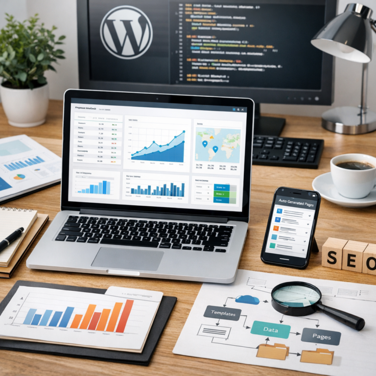 På skrivebordet vises en laptop med SEO-dashboard, en mobil med auto generated pages og en skærm med WordPress-logo og kode.