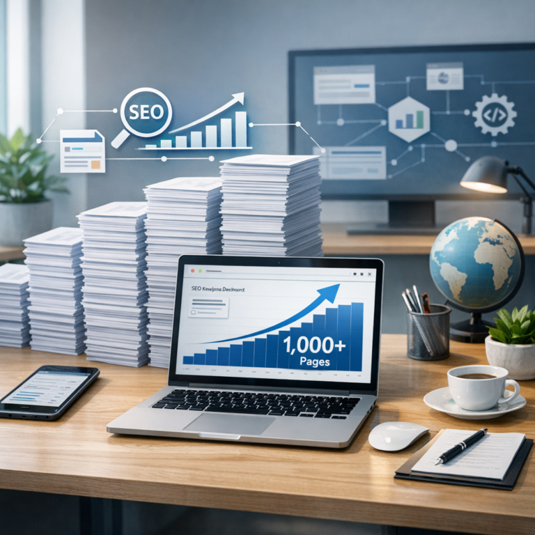 Et kontor med laptop, stabler af sider og en skærm, der viser SEO-grafik og 1.000+ pages, som peger mod programmatic SEO.