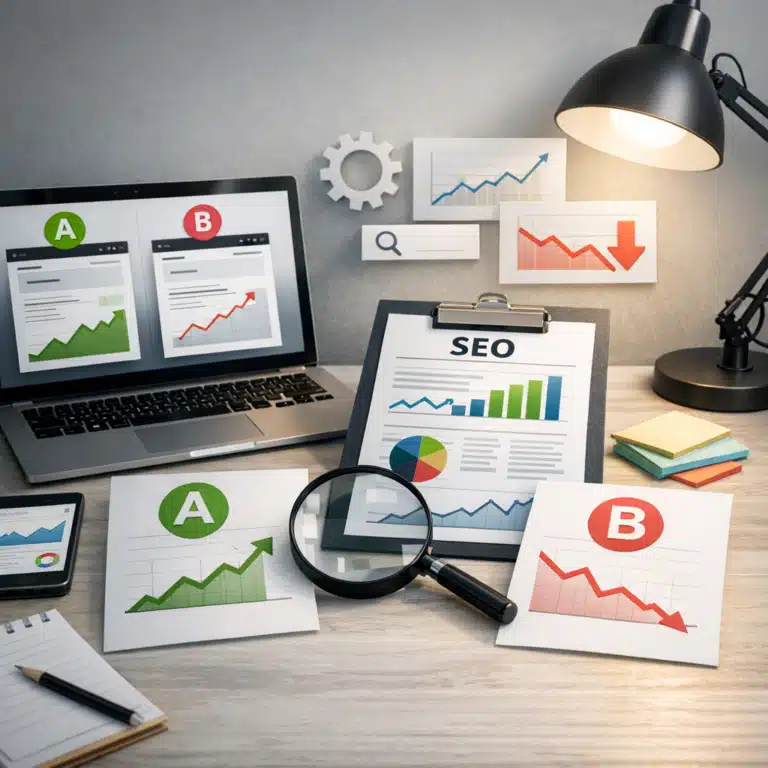 Laptop og rapporter viser A/B-test af programmatic SEO-sider med grøn vækstkurve, rød faldkurve og SEO-grafer