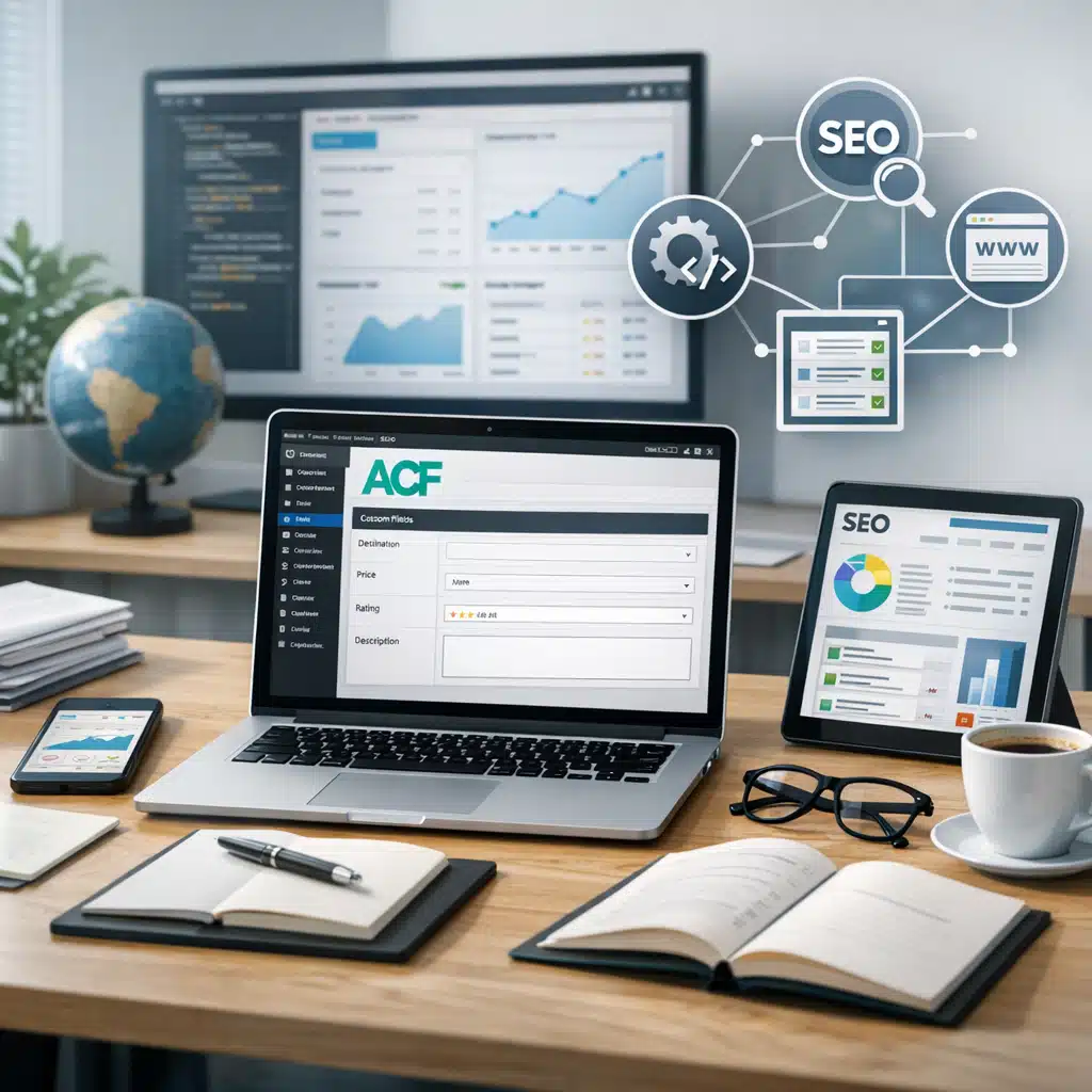 Bærbar computer viser ACF-felter i WordPress, mens SEO-grafik og dashboards omgiver arbejdsbordet.