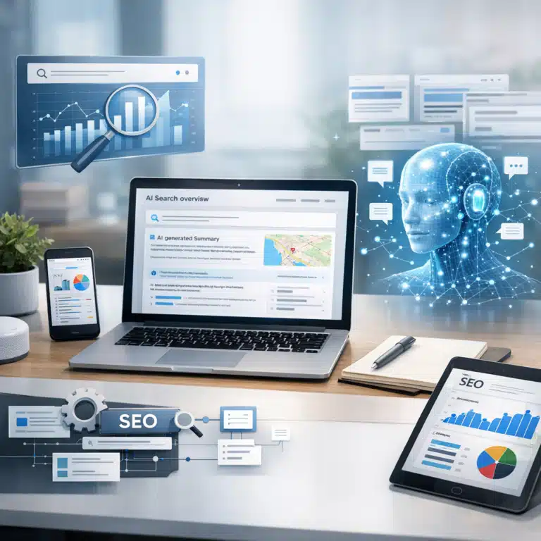 Et laptopdashboard viser AI Search overview, SEO-grafer og en blå digital AI-figur ved siden af.