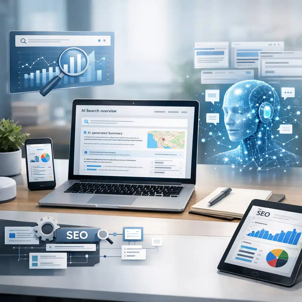 Et laptopdashboard viser AI Search overview, SEO-grafer og en blå digital AI-figur ved siden af.
