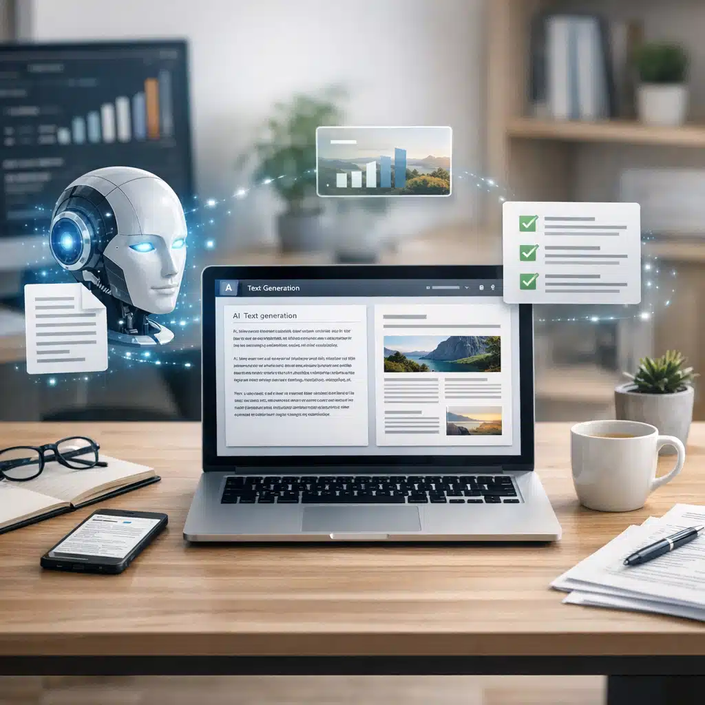 En robotfigur svæver ved siden af en laptop, der viser AI tekstgenerering og redaktionelle elementer.