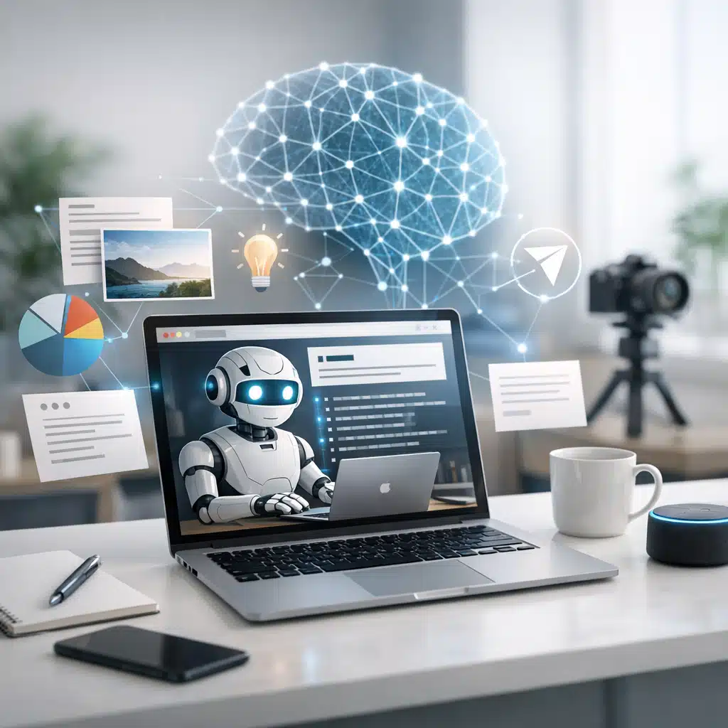 En robot arbejder ved en bærbar computer, mens et lysende AI-netværk og indholdsikoner svæver omkring arbejdsbordet.