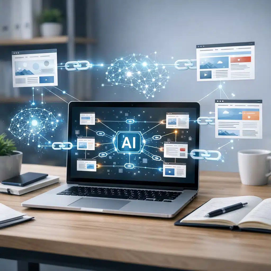En laptop med en blå AI-skærm omgivet af digitale forbindelser mellem websider til intern linkbuilding med AI