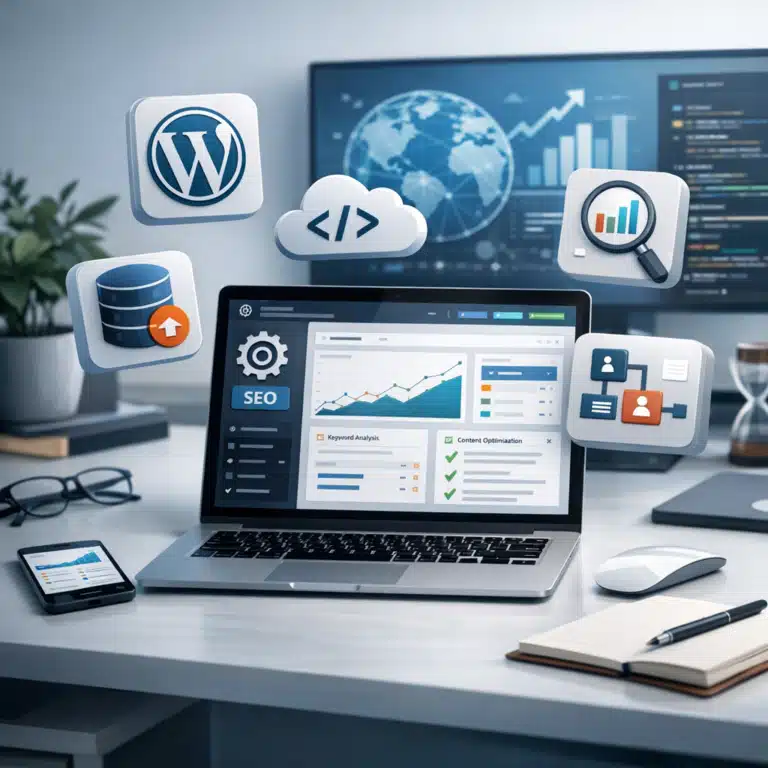 Laptop med SEO-dashboard, stigende graf og WordPress-symboler omkring værktøjer til programmatic SEO i WordPress