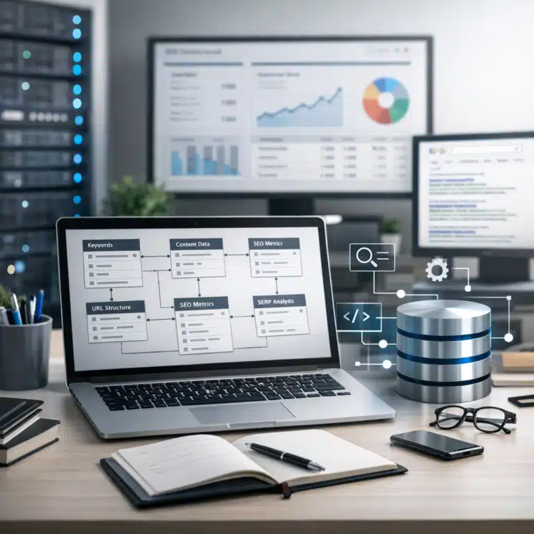 En bærbar computer viser felter for keywords, content data og SEO metrics ved siden af et databaseikon.