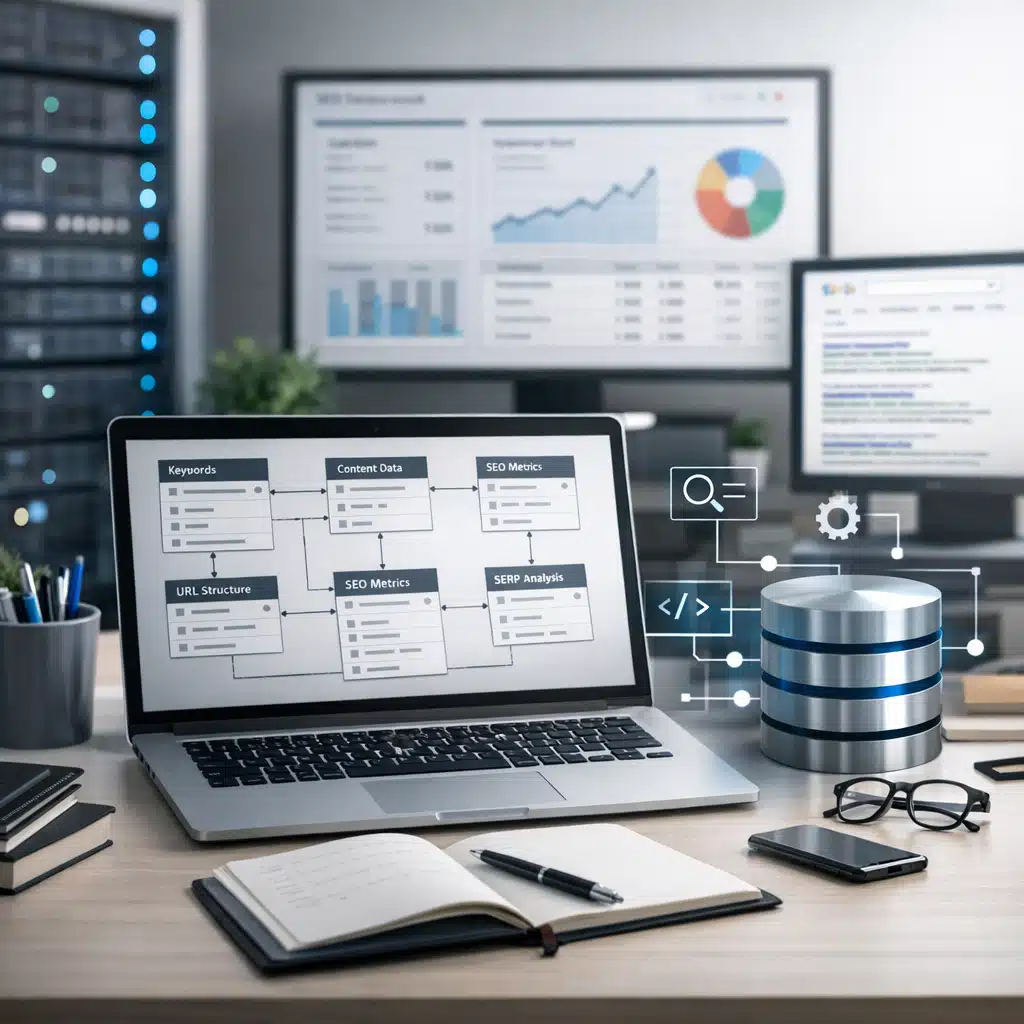 En bærbar computer viser felter for keywords, content data og SEO metrics ved siden af et databaseikon.