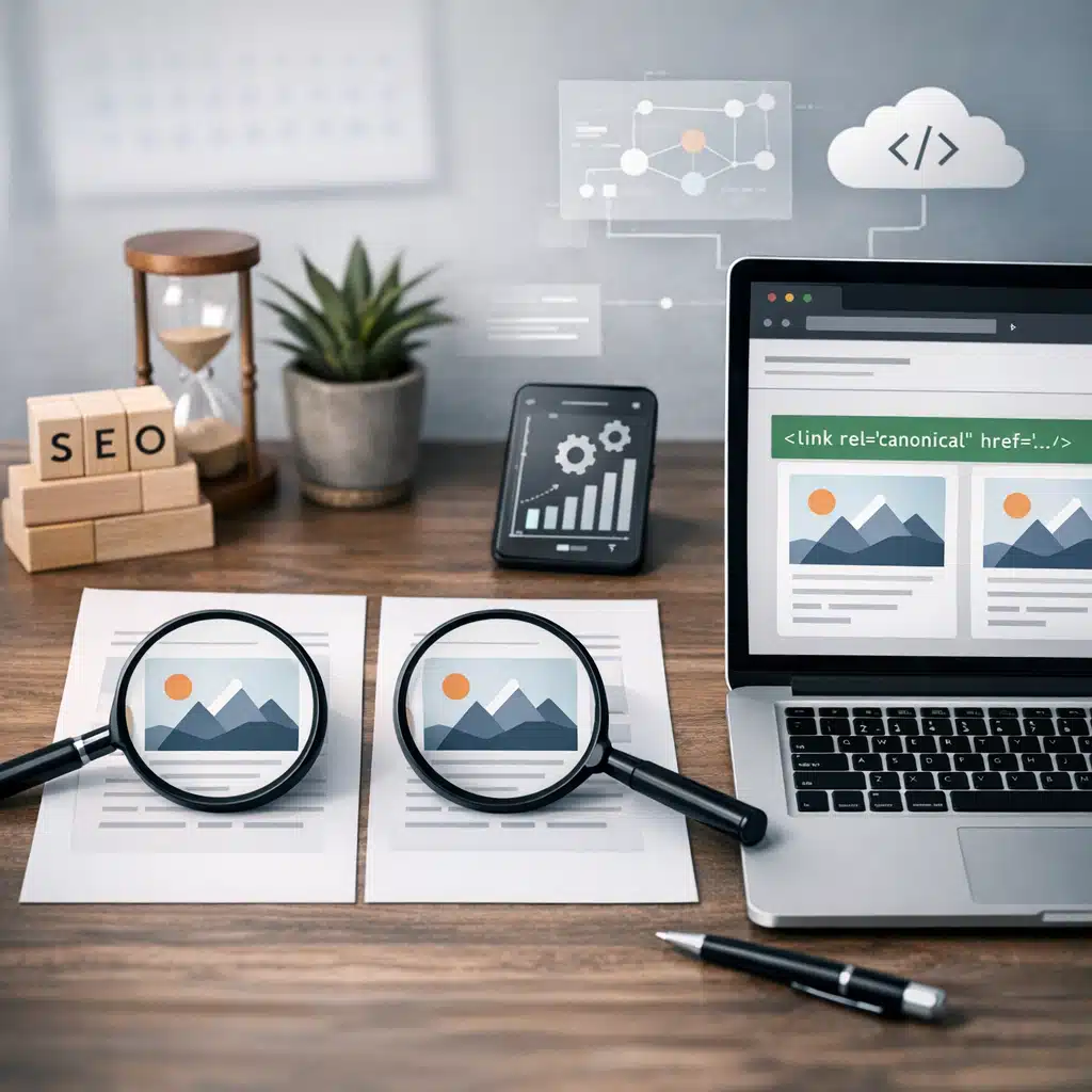 En laptop viser et canonical-link i kode sammen med SEO-grafik, mens flere næsten ens sider ligger foran den.