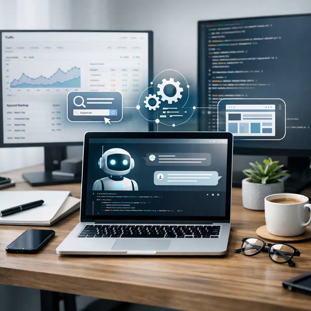 Laptop med ChatGPT-robot, SEO-analyse på skærm og kode, der illustrerer skalerbar programmatic SEO