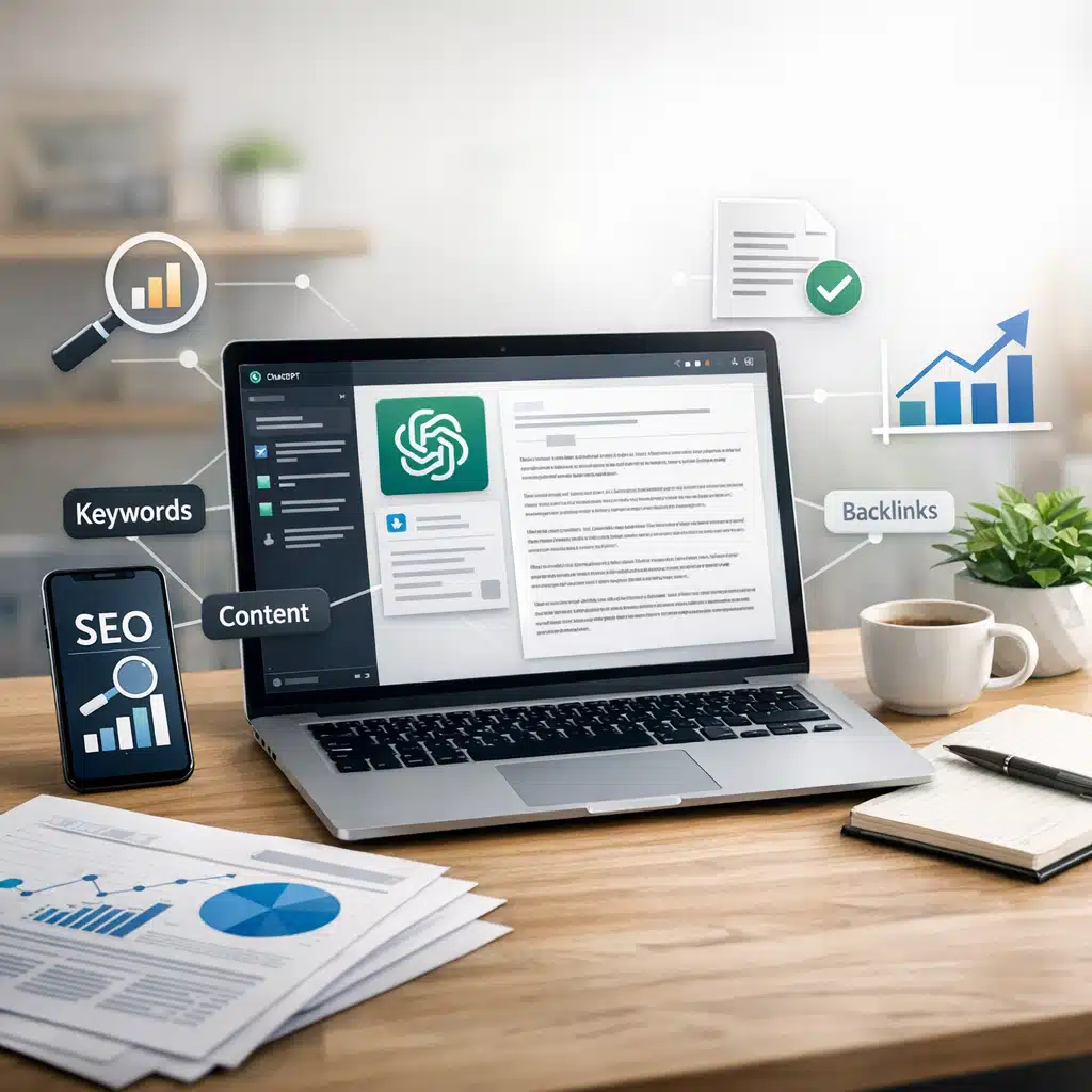 En bærbar computer viser ChatGPT ved et skrivebord med SEO-grafik, keywords og backlinks omkring skærmen.