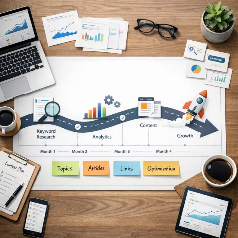 Content plan til programmatic SEO med keyword research, analytics, content og growth samlet i en firemåneders roadmap