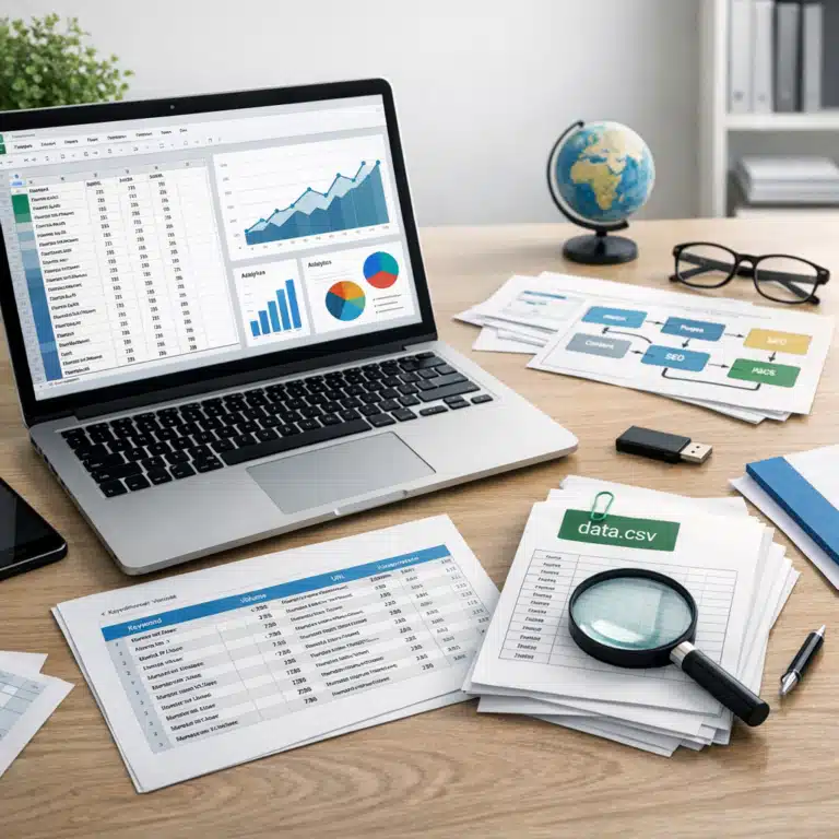 Et skrivebord med laptop, CSV-ark og analyser viser arbejdet med dataimport til programmatic SEO.