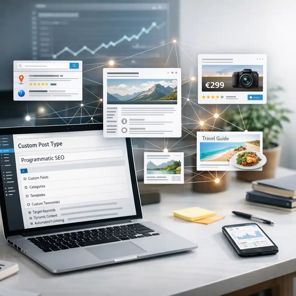 Laptop med WordPress-lignende adminpanel og kort, der viser custom post types og programmatic SEO.