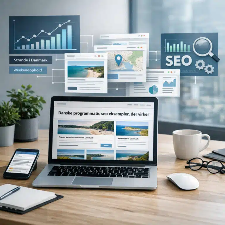 En laptop viser danske programmatic SEO-eksempler, mens kort, grafer og strandlandingssider svæver over et skrivebord.