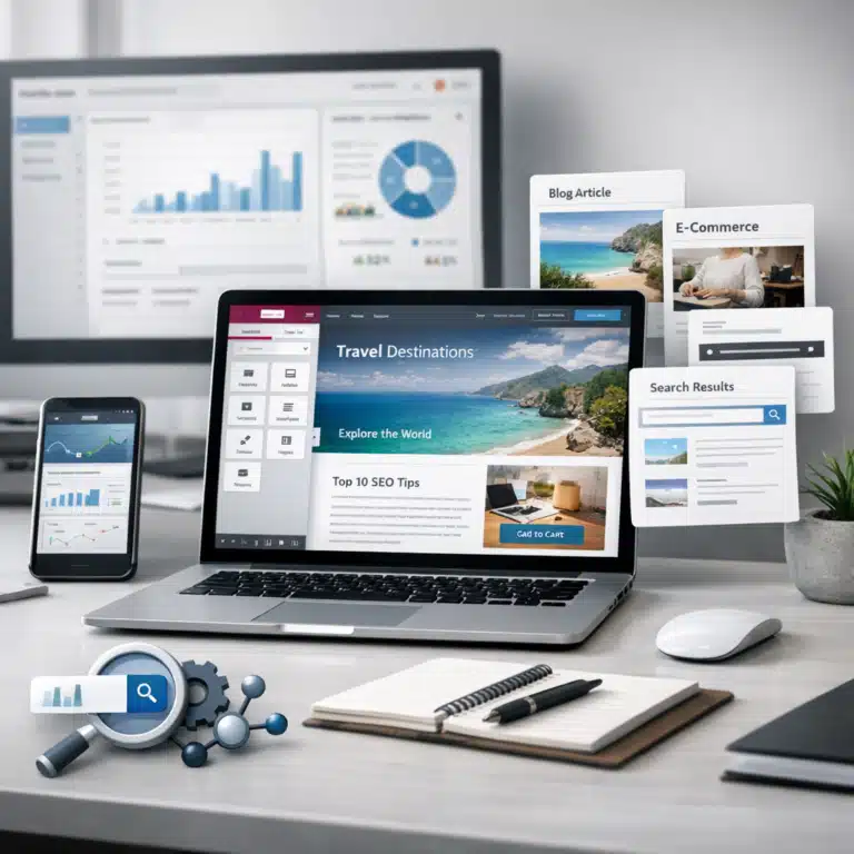 Et skrivebord med laptop, mobil og store skærme viser dashboards, søgegrafer og fleksible sidetemplates til programmatic SEO.