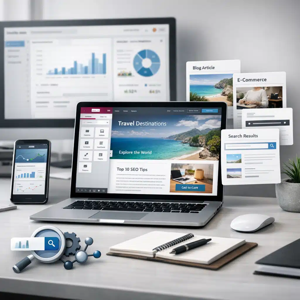 Et skrivebord med laptop, mobil og store skærme viser dashboards, søgegrafer og fleksible sidetemplates til programmatic SEO.