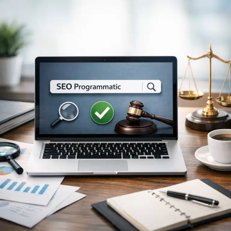 En bærbar computer viser SEO Programmatic med grøn markering og hammer, mens en juridisk vægt står i baggrunden.