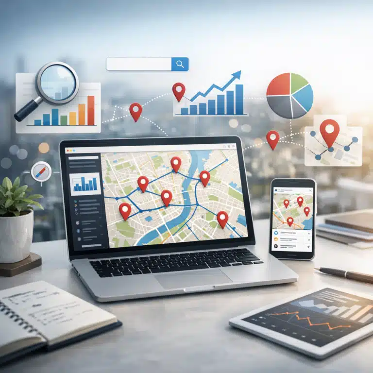 Bærbar computer med kort, lokalitetsmarkører og analyseikoner for Google Maps data til programmatic SEO