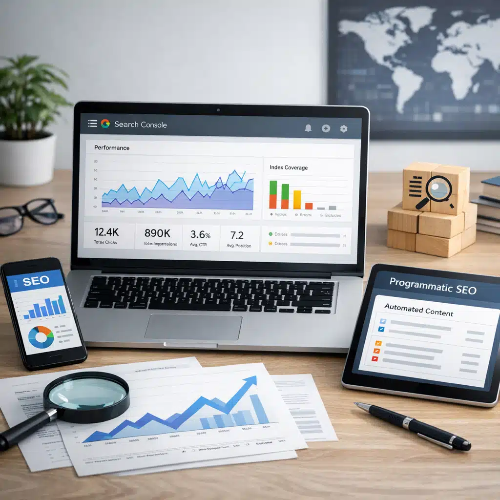 Et skrivebord med laptop, tablet og telefon viser Google Search Console, programmatic SEO og indeksdækning.