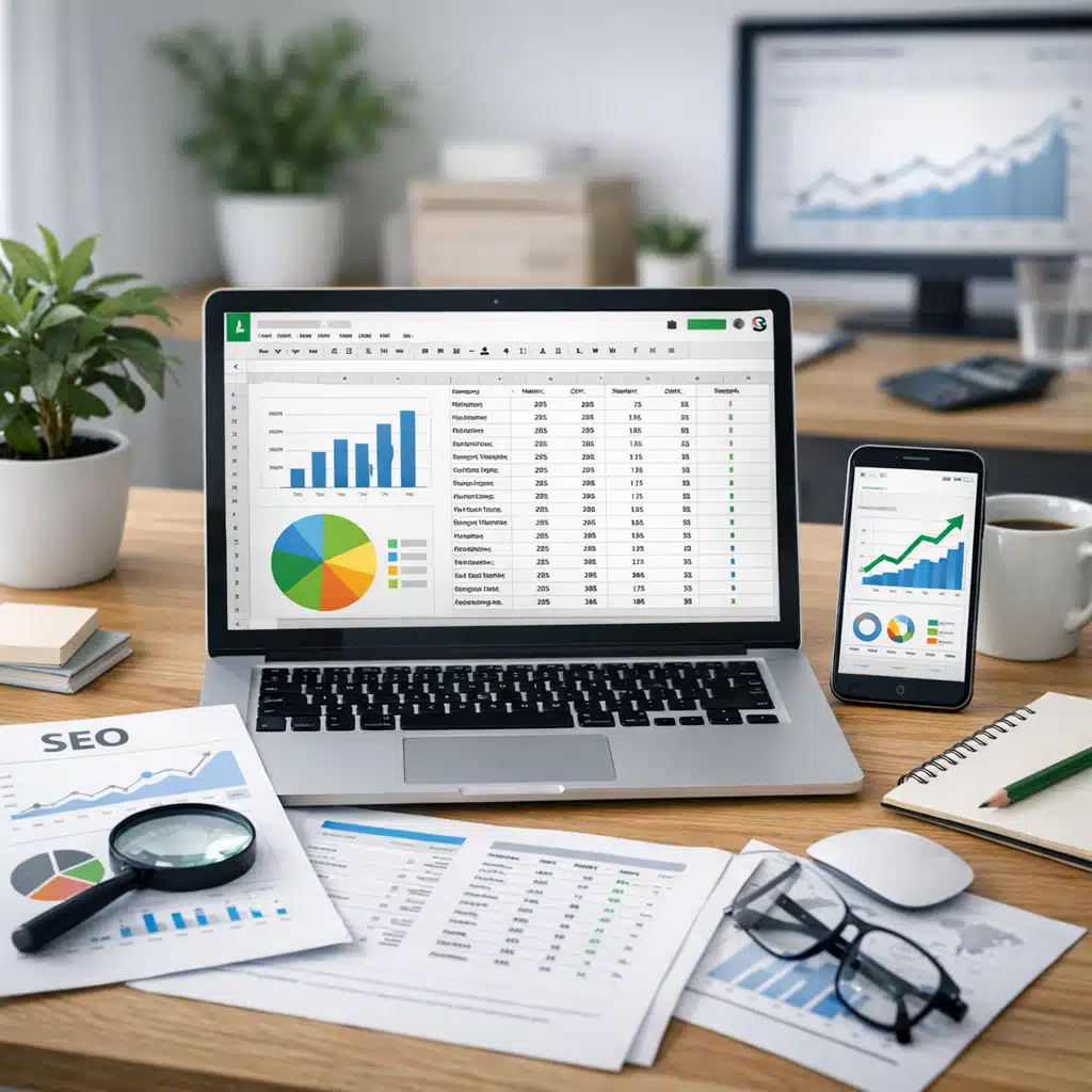 Google Sheets vises på en laptop med tabeller og grafer, mens SEO-rapporter ligger på bordet ved siden af en telefon.