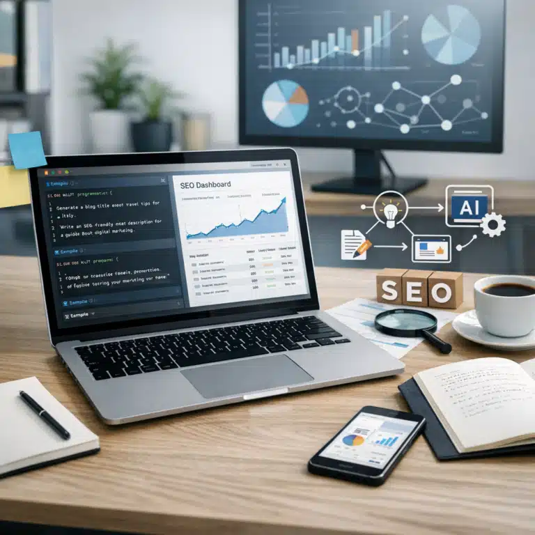 På skrivebordet viser en laptop kode og et SEO-dashboard, mens AI-ikoner, søgebrikker og grafer peger på programmatic SEO.