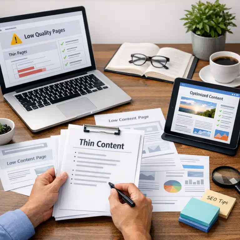 En SEO-analyse viser tynde sider og Low Quality Pages på en bærbar, mens en tablet viser Optimized Content.