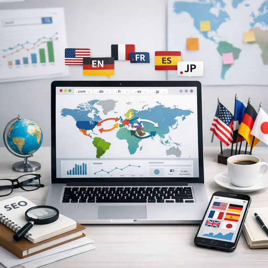Bærbar computer viser verdenskort med sprogmarkeringer og pile for hreflang mellem internationale markeder og SEO-sider