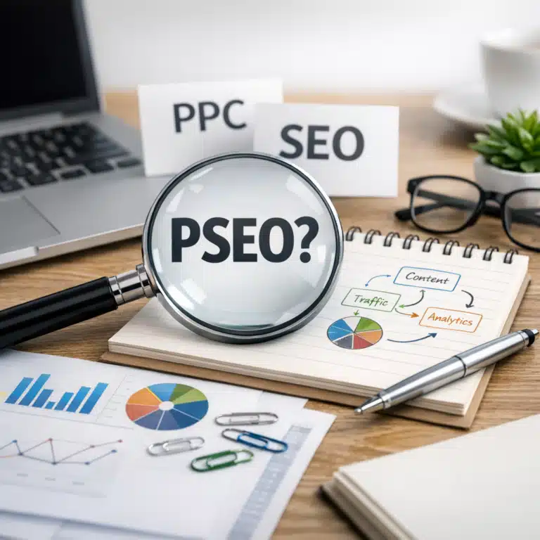 Et forstørrelsesglas fremhæver teksten PSEO? ved siden af PPC, SEO og noter om content og analytics.