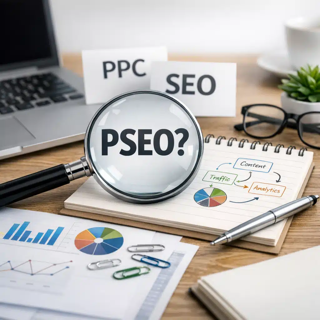 Et forstørrelsesglas fremhæver teksten PSEO? ved siden af PPC, SEO og noter om content og analytics.