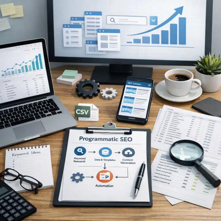 Et skrivebord med laptop, mobil og skærm viser Programmatic SEO, grafer, CSV-data og en tydelig proces med automatisering.