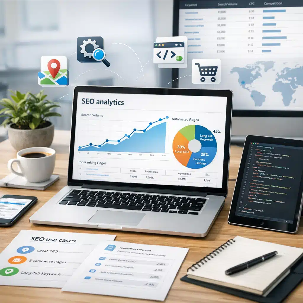 Laptop viser SEO-analyse med voksende søgevolumen og automatiserede sider ved siden af kode og SEO use cases