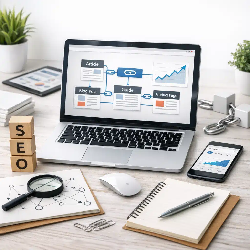 Et laptopdisplay viser intern linkstruktur i programmatic SEO med artikler, guide og produktside forbundet i et netværk.