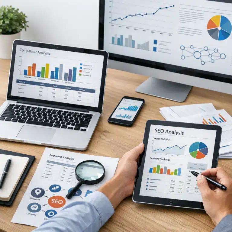 Laptop, skærm og tablet viser konkurrentanalyse, søgeordsdata og SEO-diagrammer ved et skrivebord