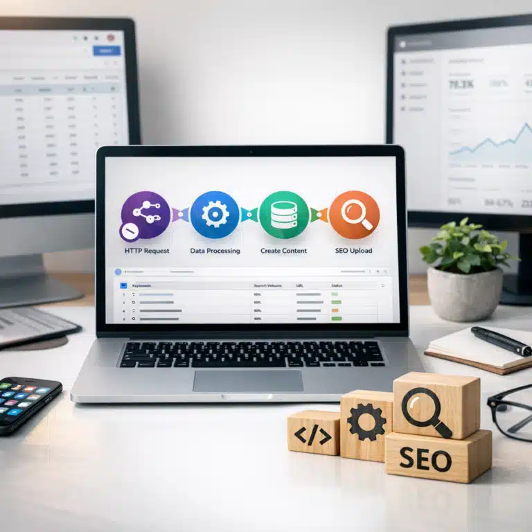 På en laptop vises et Make.com-forløb med HTTP Request, Data Processing, Create Content og SEO Upload til programmatic SEO.