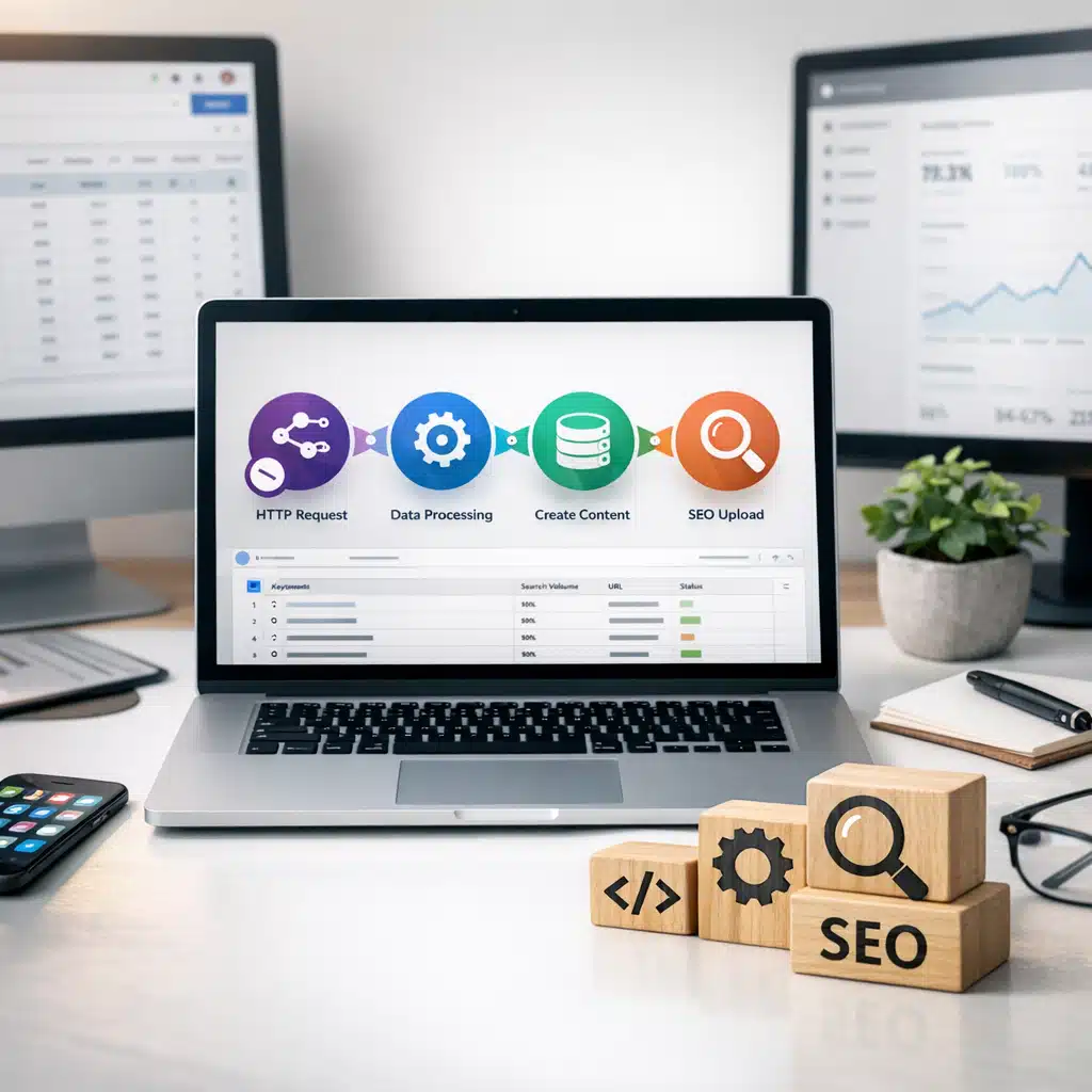På en laptop vises et Make.com-forløb med HTTP Request, Data Processing, Create Content og SEO Upload til programmatic SEO.