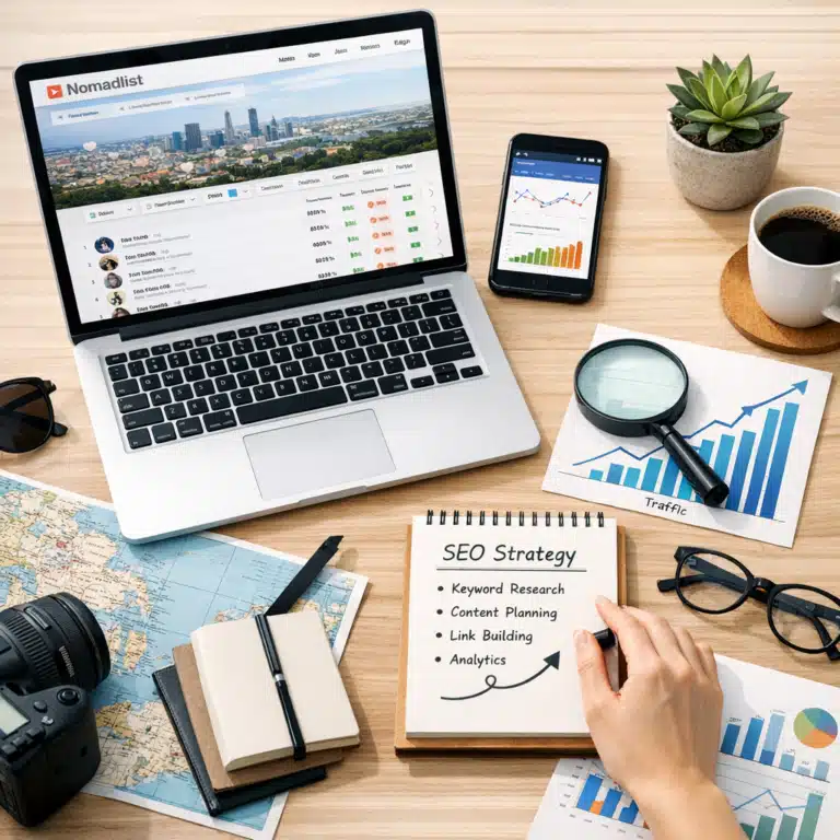 Nomadlist vises på en bærbar computer ved siden af grafer, kort og en notesblok med SEO Strategy på et træbord.