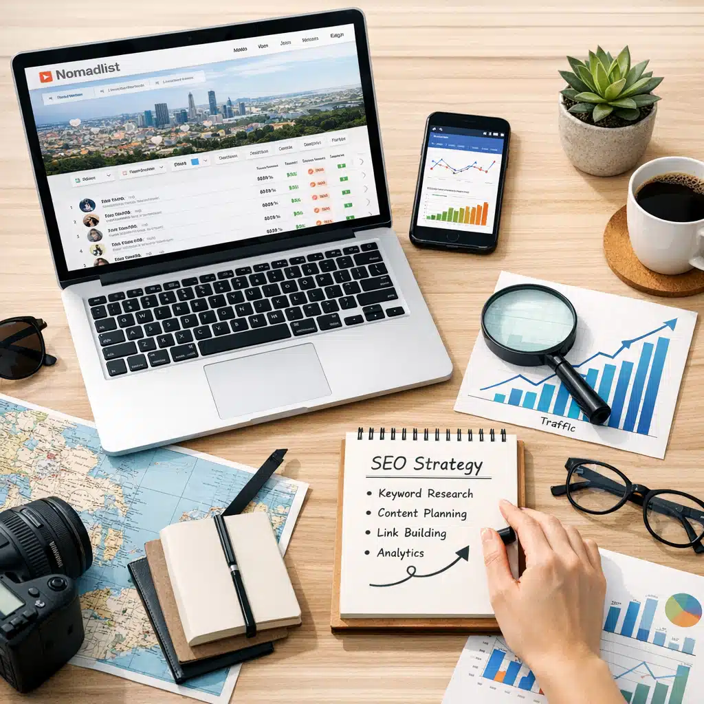 Nomadlist vises på en bærbar computer ved siden af grafer, kort og en notesblok med SEO Strategy på et træbord.