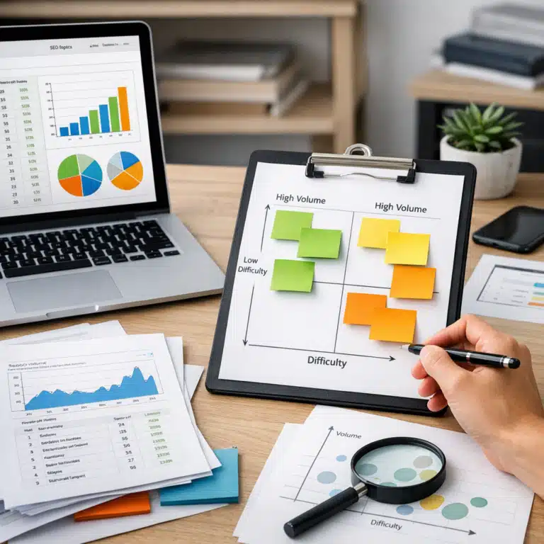 Et SEO-dashboard og et whiteboard med emner placeret efter søgevolumen og sværhedsgrad i en prioriteringsmodel