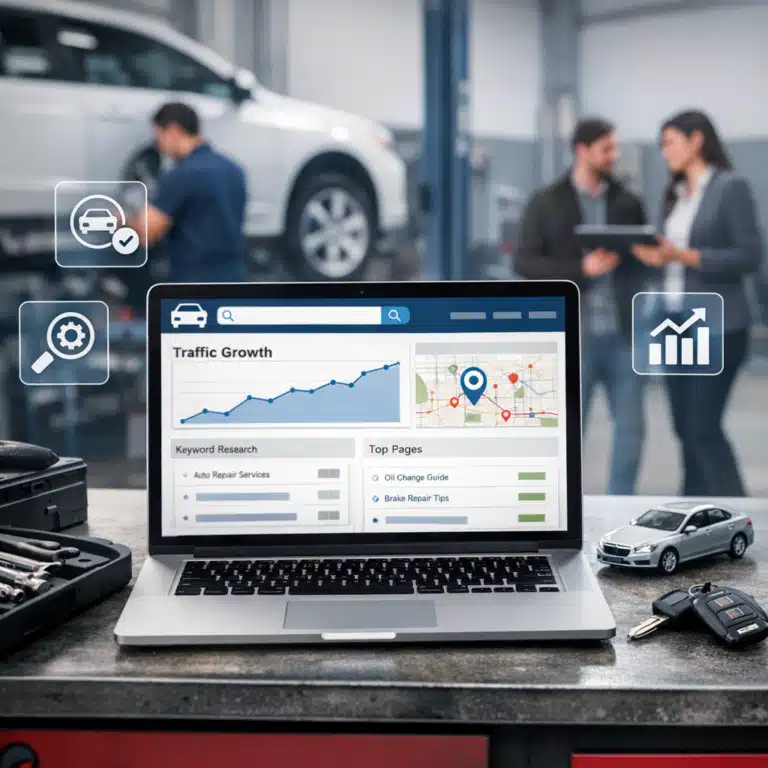 Laptop med lokal søgedata i et autoværksted, hvor mekanikere arbejder med service og kunder søger hjælp