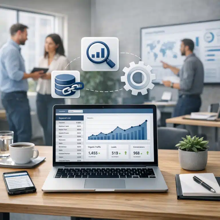 Laptop med stigende trafikdiagram, mens et B2B-team arbejder med data, analyse og programmatic SEO i et mødelokale